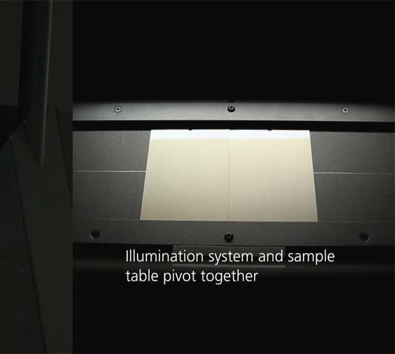 Light Booth byko-spectra effect, detail: illumination system and sample table pivot together
