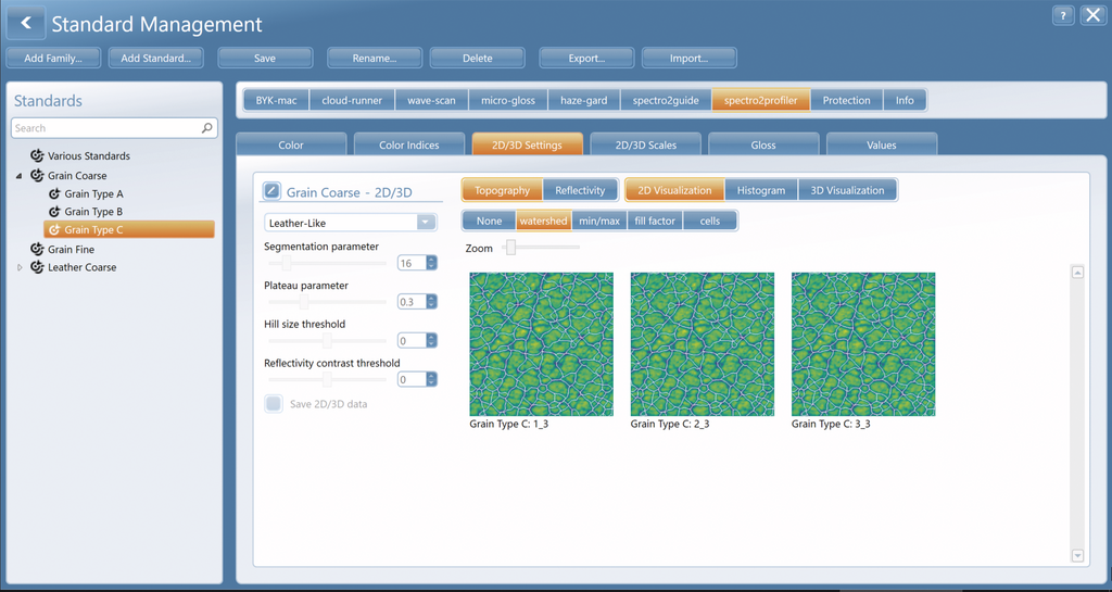 Software smart-lab COLOR for spectro2profiler from BYK-Gardner shows watershed