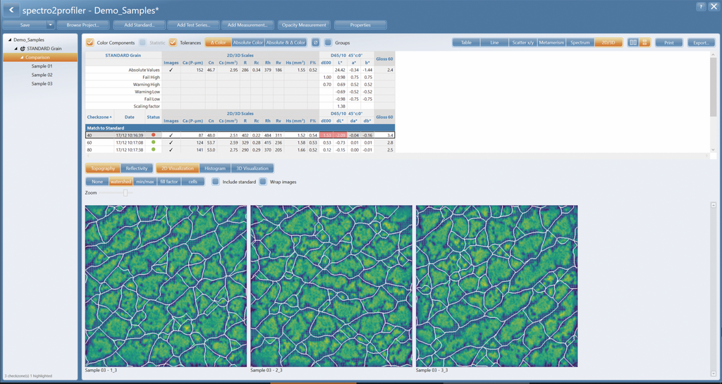 Software smart-lab COLOR for spectro2profiler from BYK-Gardner shows height map