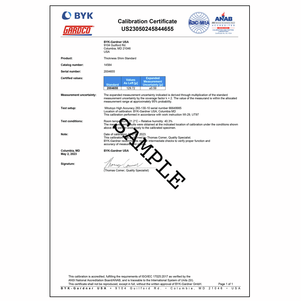 17025 Dry Film Standard Certificate
